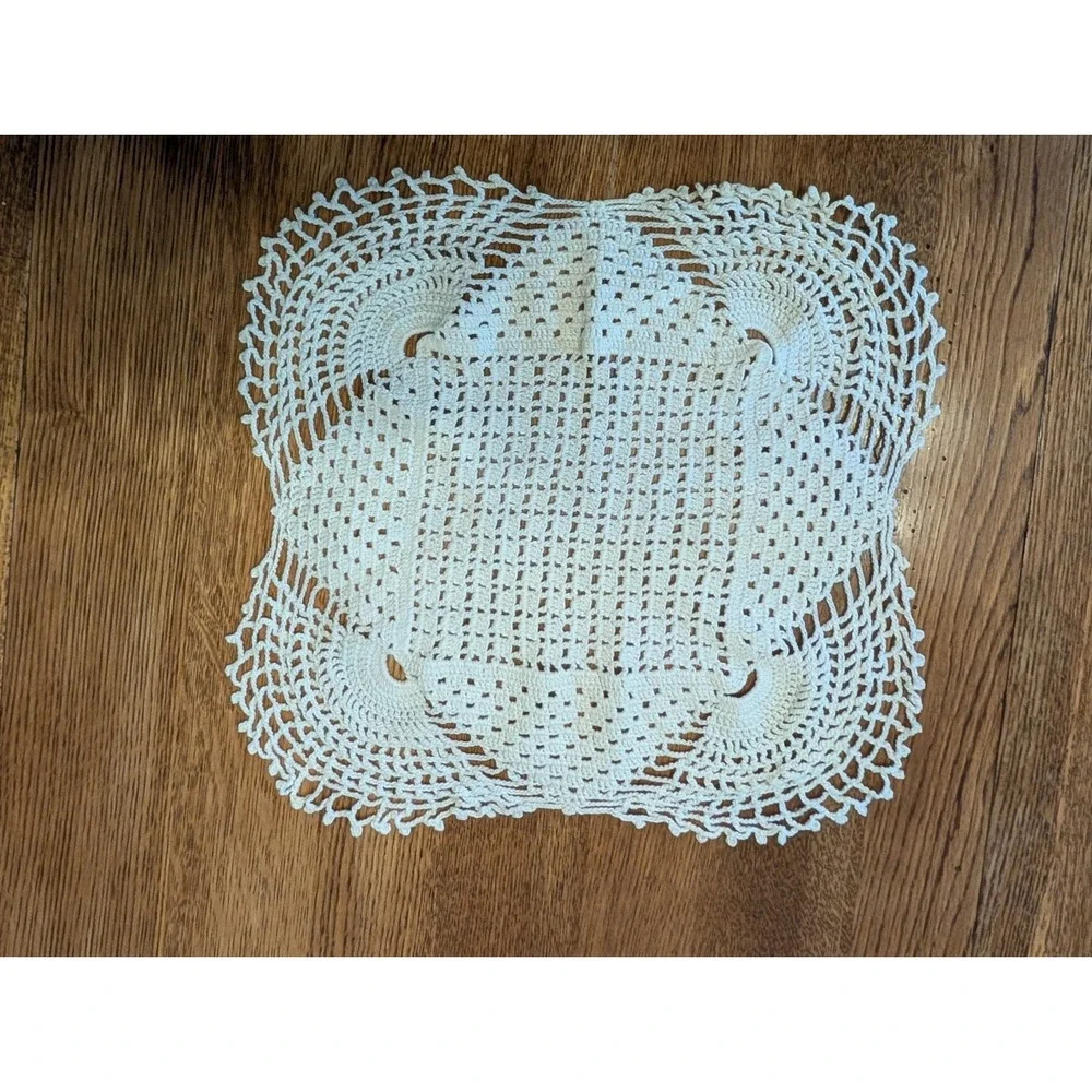 Beautiful Handmade Crocheted Doily, White 12 in, Square With Rounded Corners